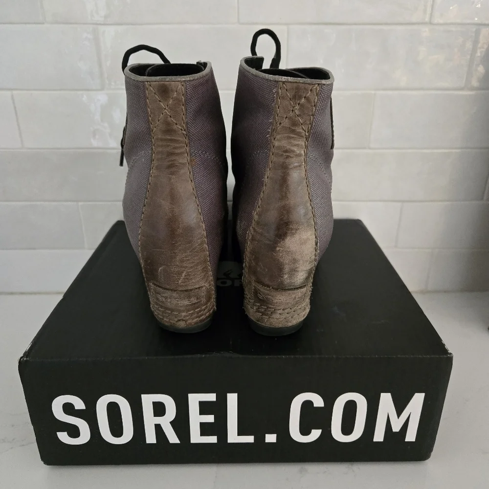 Sorel PDX Lexie Leather Canvas Wedge Lace-Up Ankle Boot Gray Brown Size 8.5